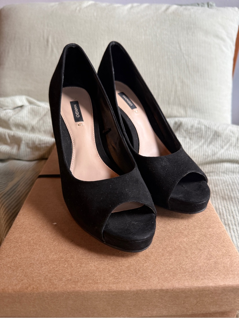 Mango Black Suede Peep-Toe Platform Pumps